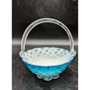Vintage MOP Mother Of Pearl Diamond Quilted Blue Satin Art Glass Basket 6" Italy